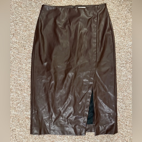 Nine West Women Large Skirt Chocolate Brown Midi Slit Pleather Sexy Business - Picture 1 of 6